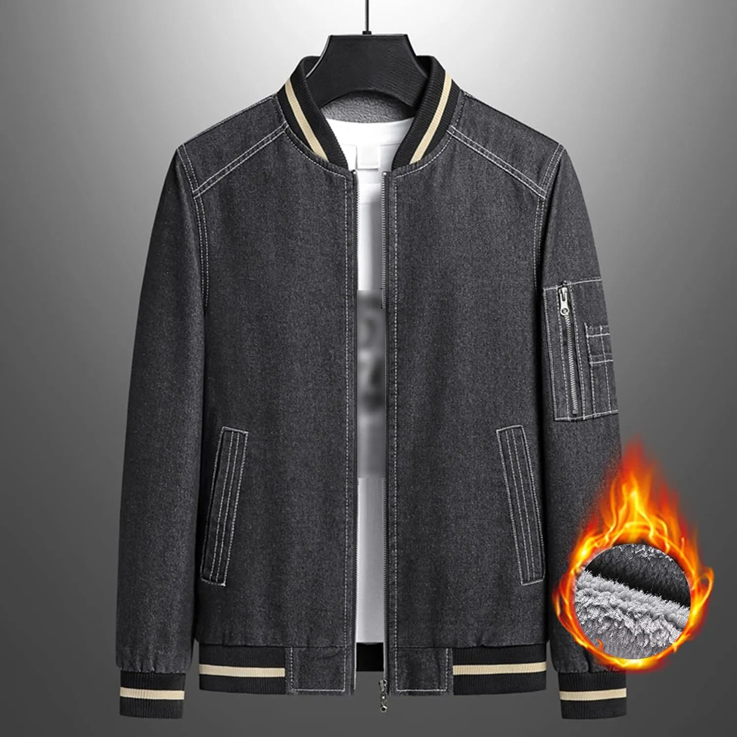 JEKE-DG Men's Stand Collar Lined Denim Jacket Vintage Casual Warm Jean Jacket Windproof Fashion Motorcycle Jean Coat