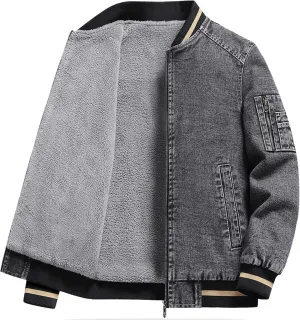 JEKE-DG Men's Stand Collar Lined Denim Jacket Vintage Casual Warm Jean Jacket Windproof Fashion Motorcycle Jean Coat