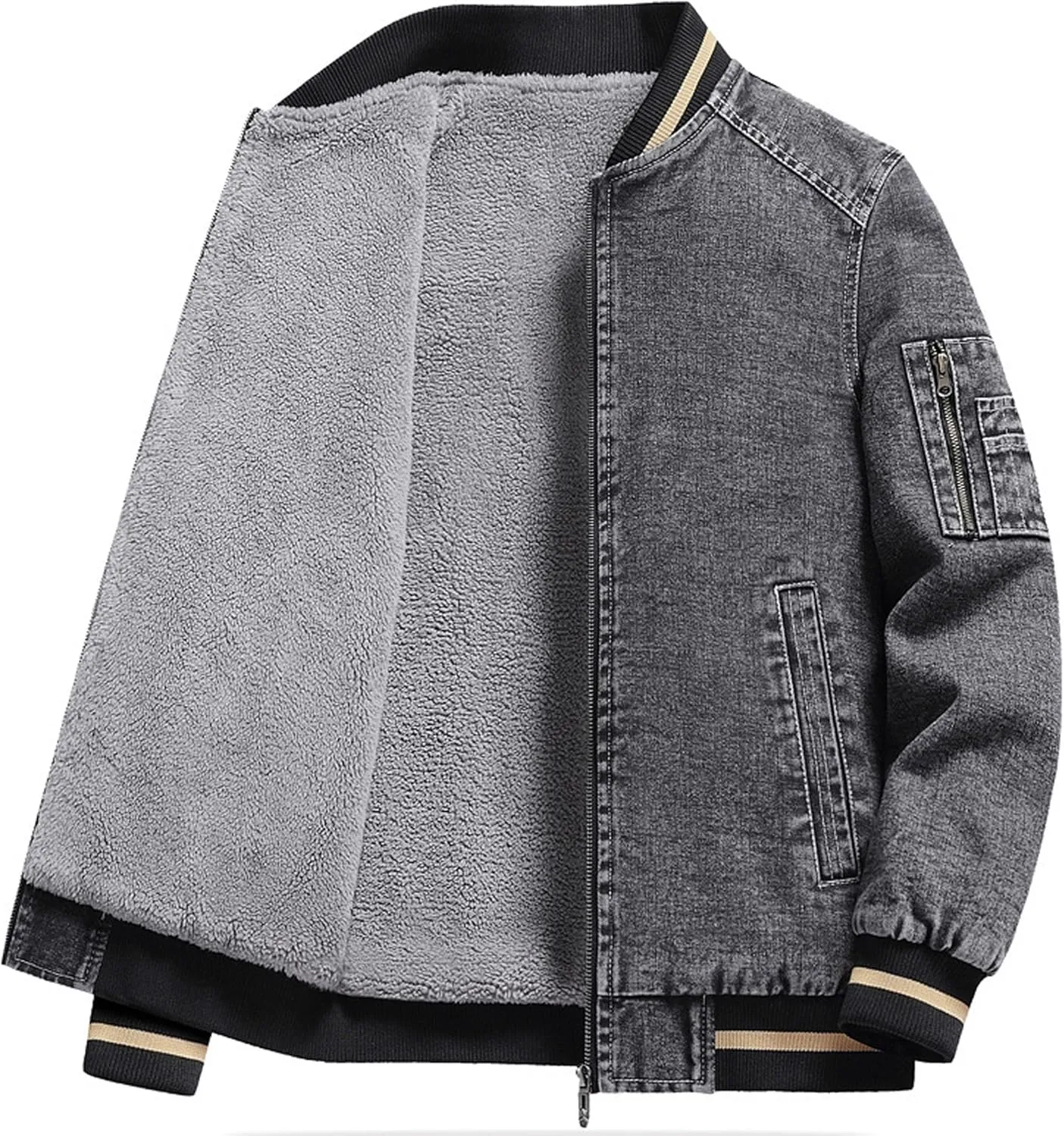 JEKE-DG Men's Stand Collar Lined Denim Jacket Vintage Casual Warm Jean Jacket Windproof Fashion Motorcycle Jean Coat