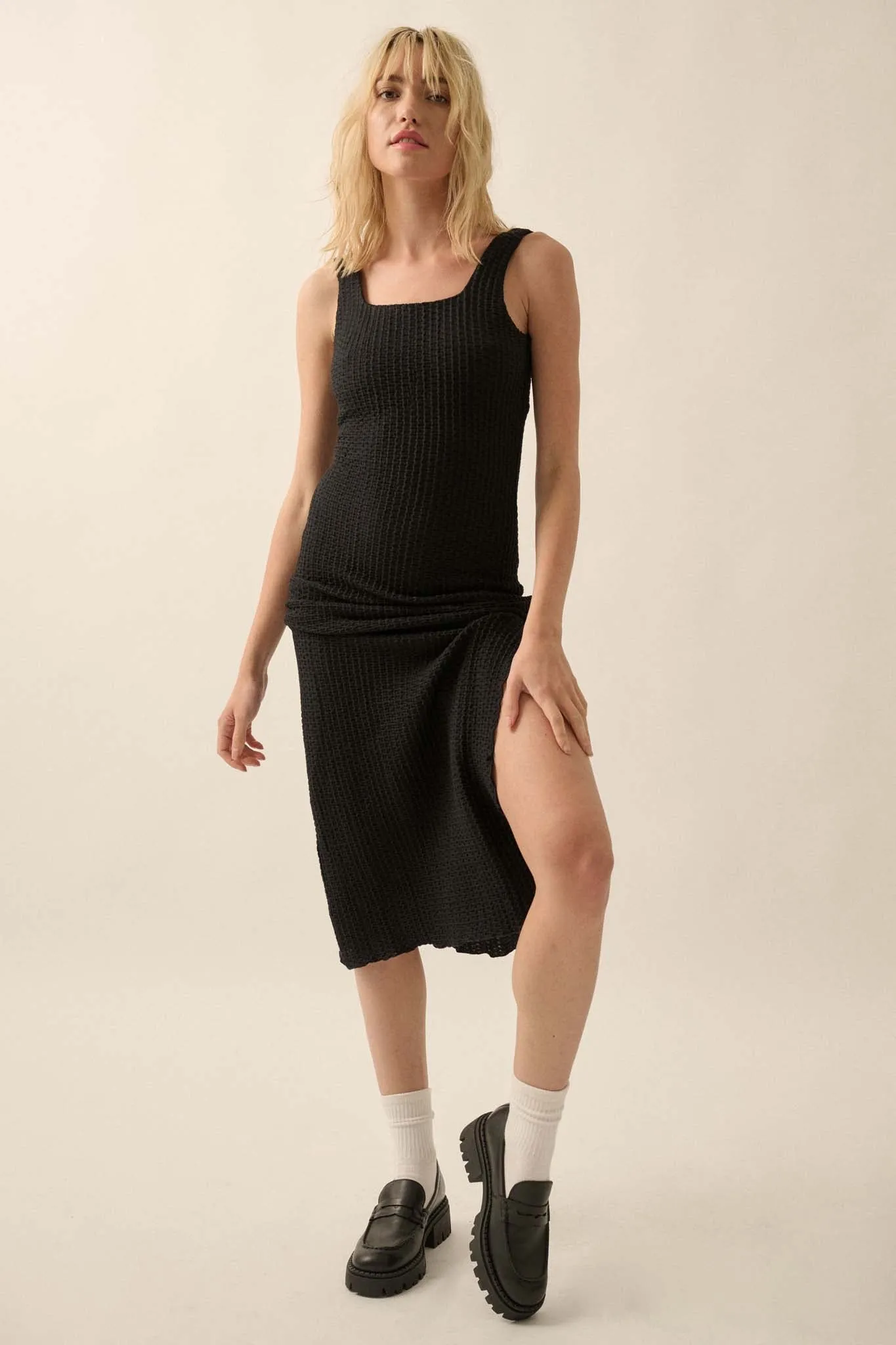 Kiss and Tell Textured Pucker-Knit Midi Dress