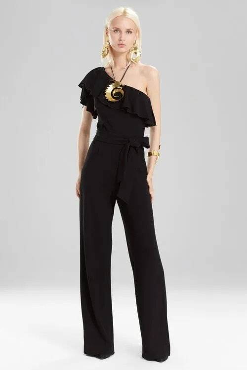 Knit Crepe One Shoulder Ruffle Jumpsuit