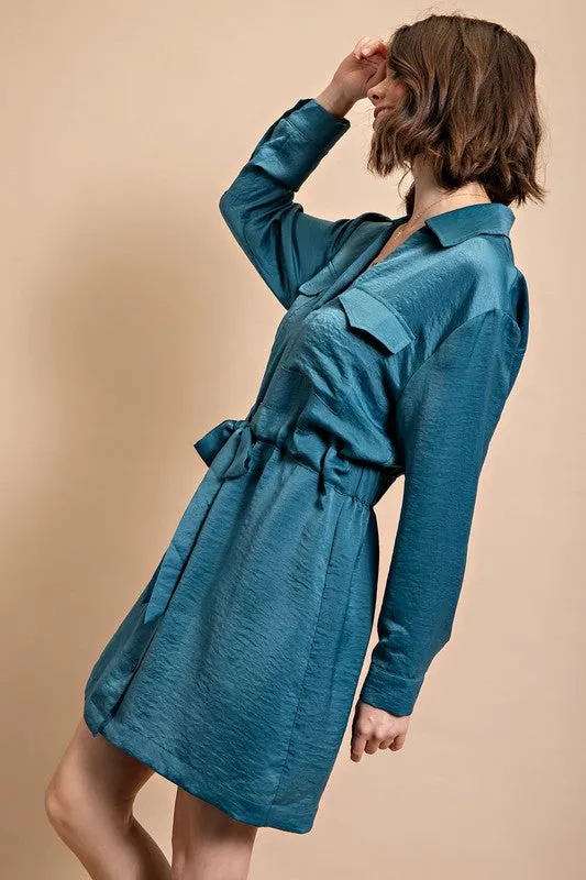 Lagoon Long Sleeve Shirt Dress with Waist Tie