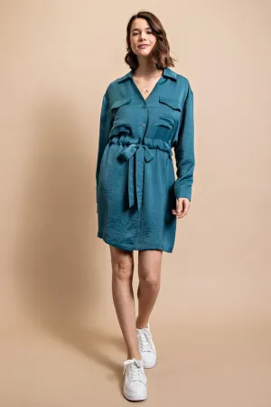 Lagoon Long Sleeve Shirt Dress with Waist Tie