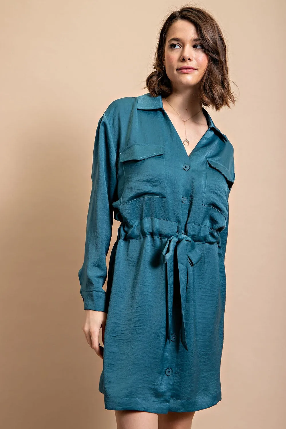 Lagoon Long Sleeve Shirt Dress with Waist Tie