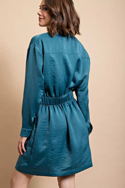 Lagoon Long Sleeve Shirt Dress with Waist Tie
