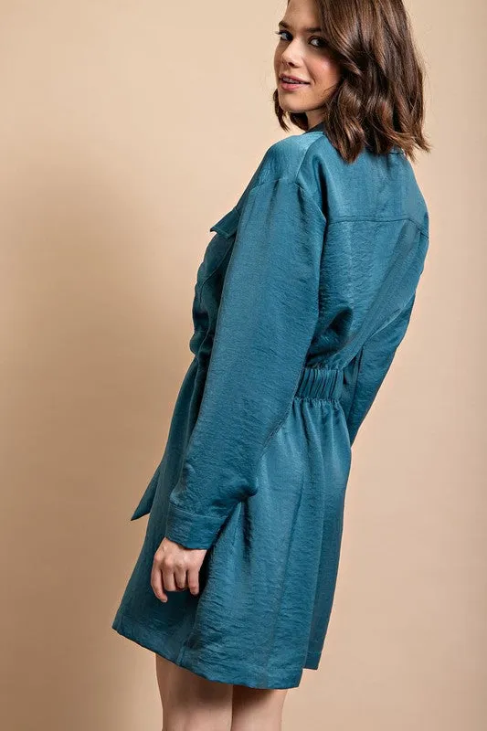 Lagoon Long Sleeve Shirt Dress with Waist Tie