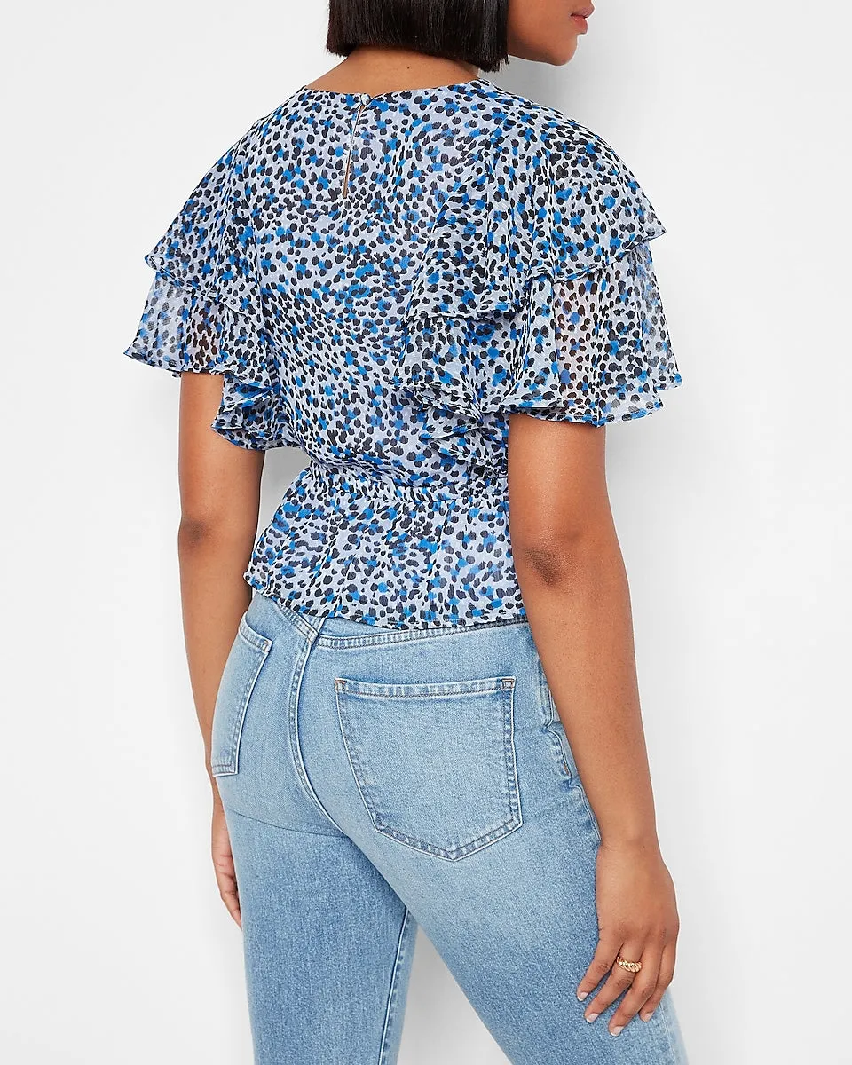 Leopard Print Tiered Ruffle Sleeve Peplum Top in Blue Print