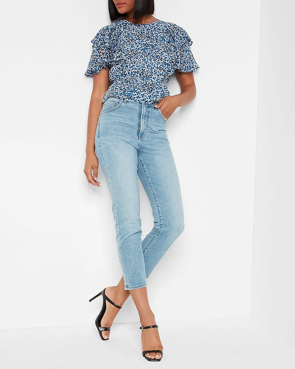 Leopard Print Tiered Ruffle Sleeve Peplum Top in Blue Print
