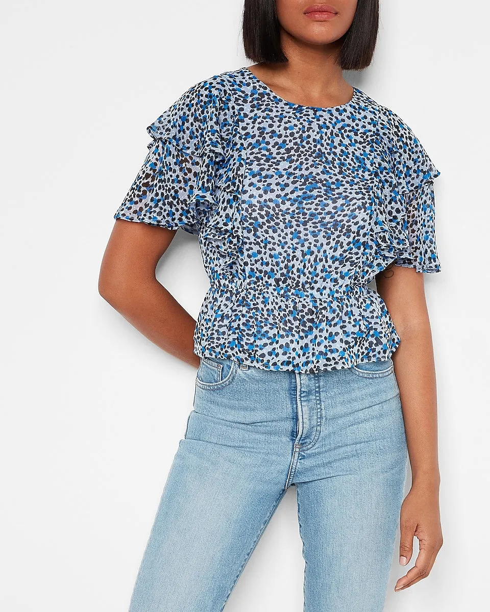 Leopard Print Tiered Ruffle Sleeve Peplum Top in Blue Print
