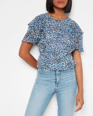 Leopard Print Tiered Ruffle Sleeve Peplum Top in Blue Print