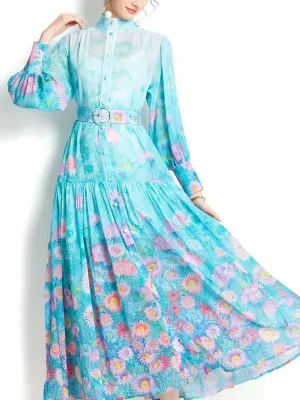 Light Blue Daisy Print High Neck Lantern Sleeve Bohemian Dress Maxi Dress