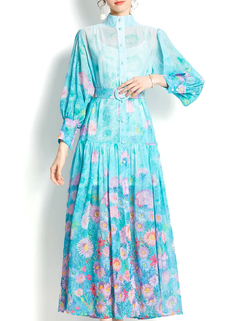 Light Blue Daisy Print High Neck Lantern Sleeve Bohemian Dress Maxi Dress