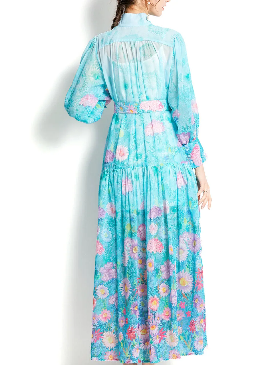 Light Blue Daisy Print High Neck Lantern Sleeve Bohemian Dress Maxi Dress