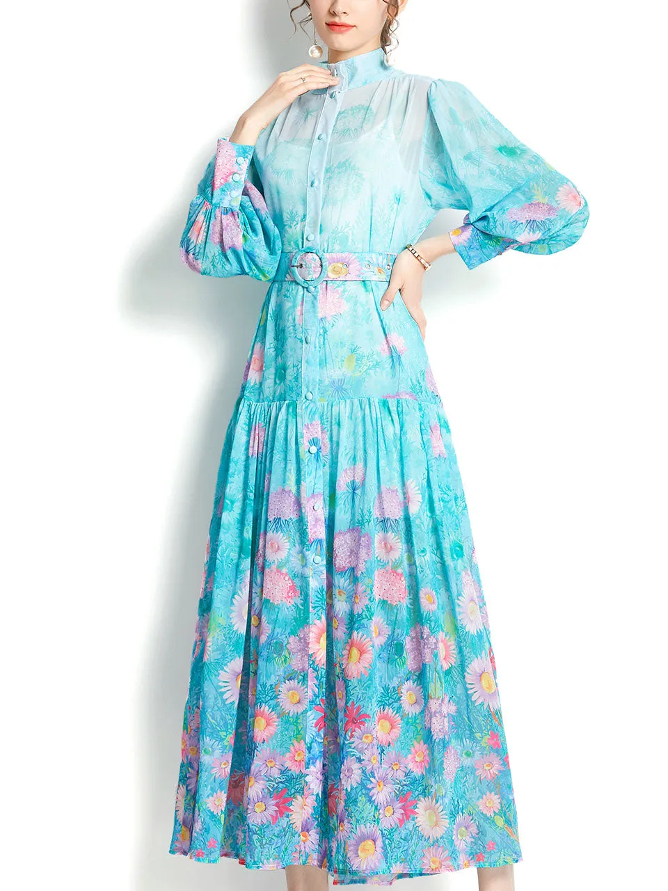 Light Blue Daisy Print High Neck Lantern Sleeve Bohemian Dress Maxi Dress