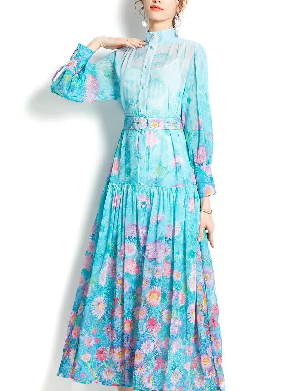 Light Blue Daisy Print High Neck Lantern Sleeve Bohemian Dress Maxi Dress