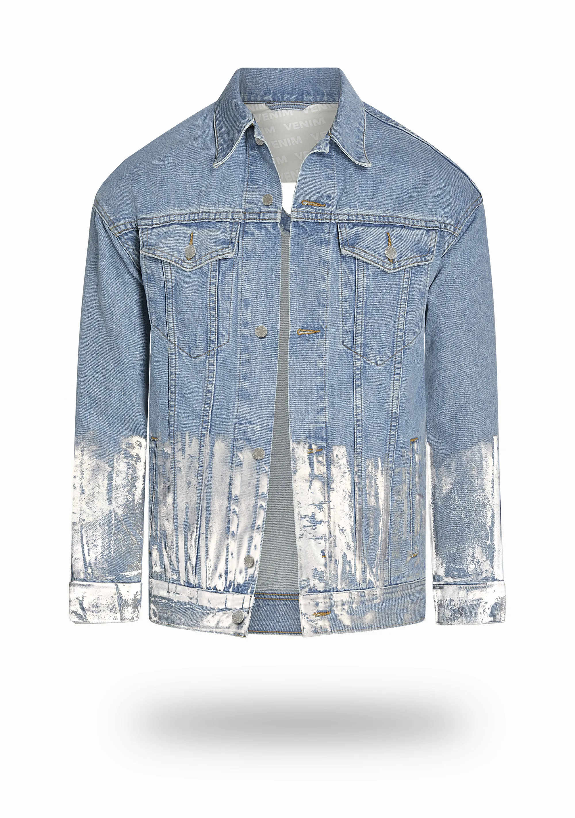 Longer Light Wash Denim Jacket with Mercury Foil