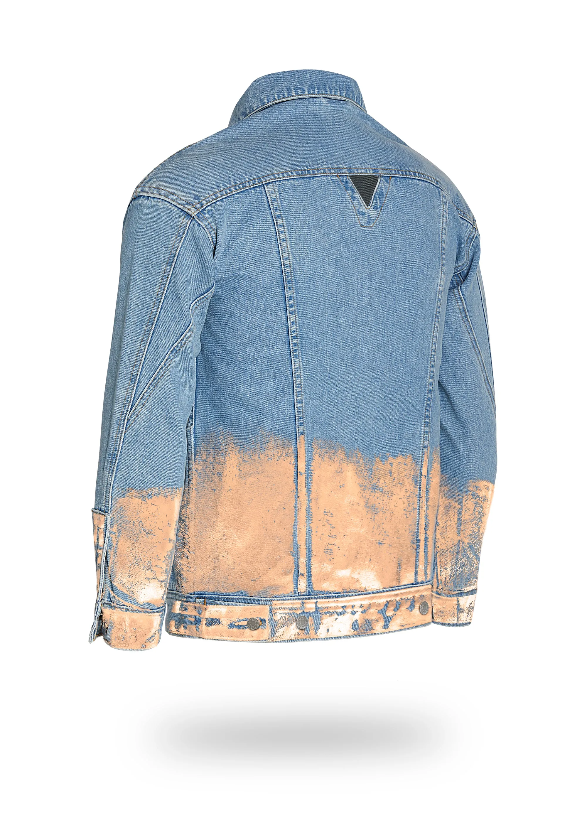Longer Light Wash Denim Jacket with Rose Gold Foil