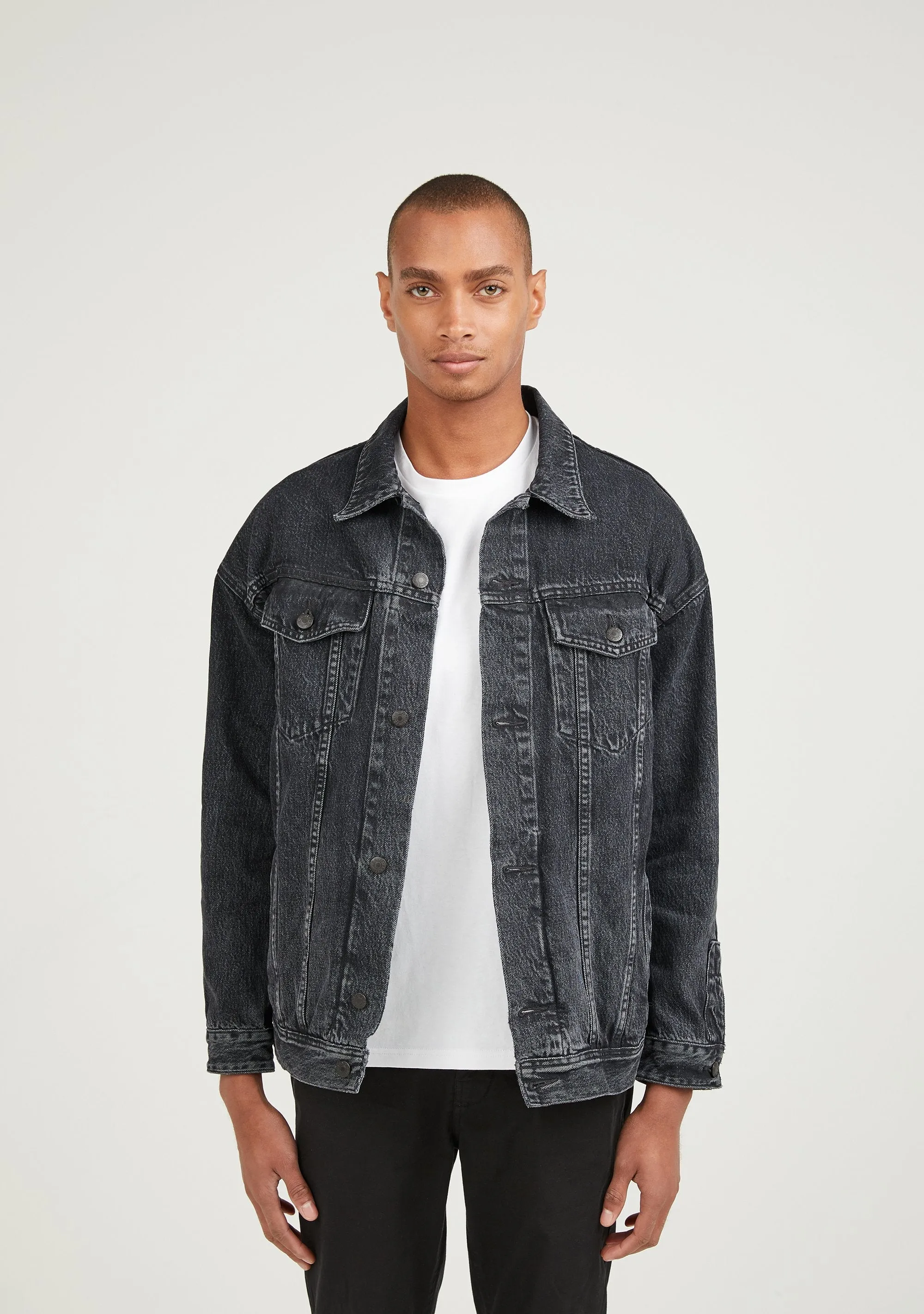 Longer Washed Black Denim Jacket with Midnight Oil Foil