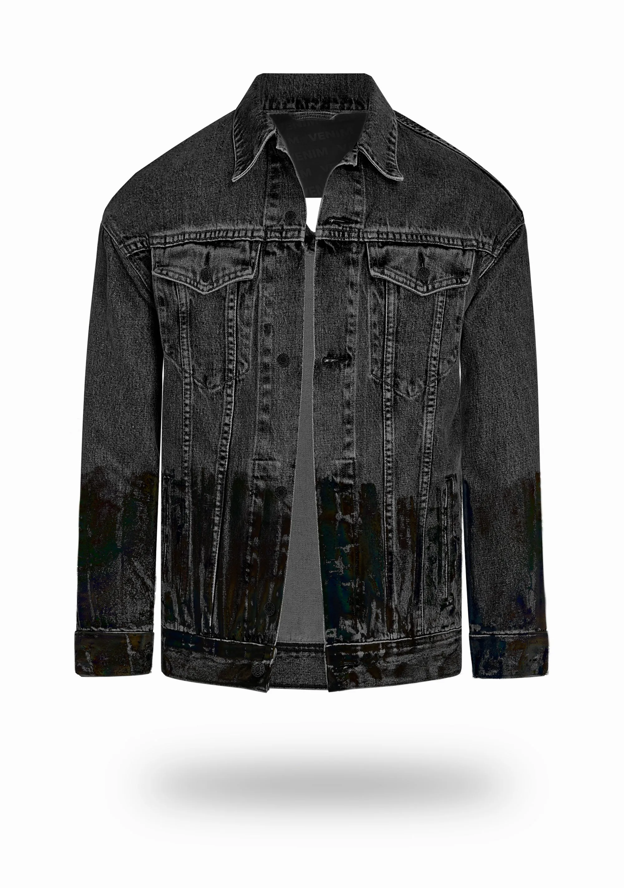 Longer Washed Black Denim Jacket with Midnight Oil Foil