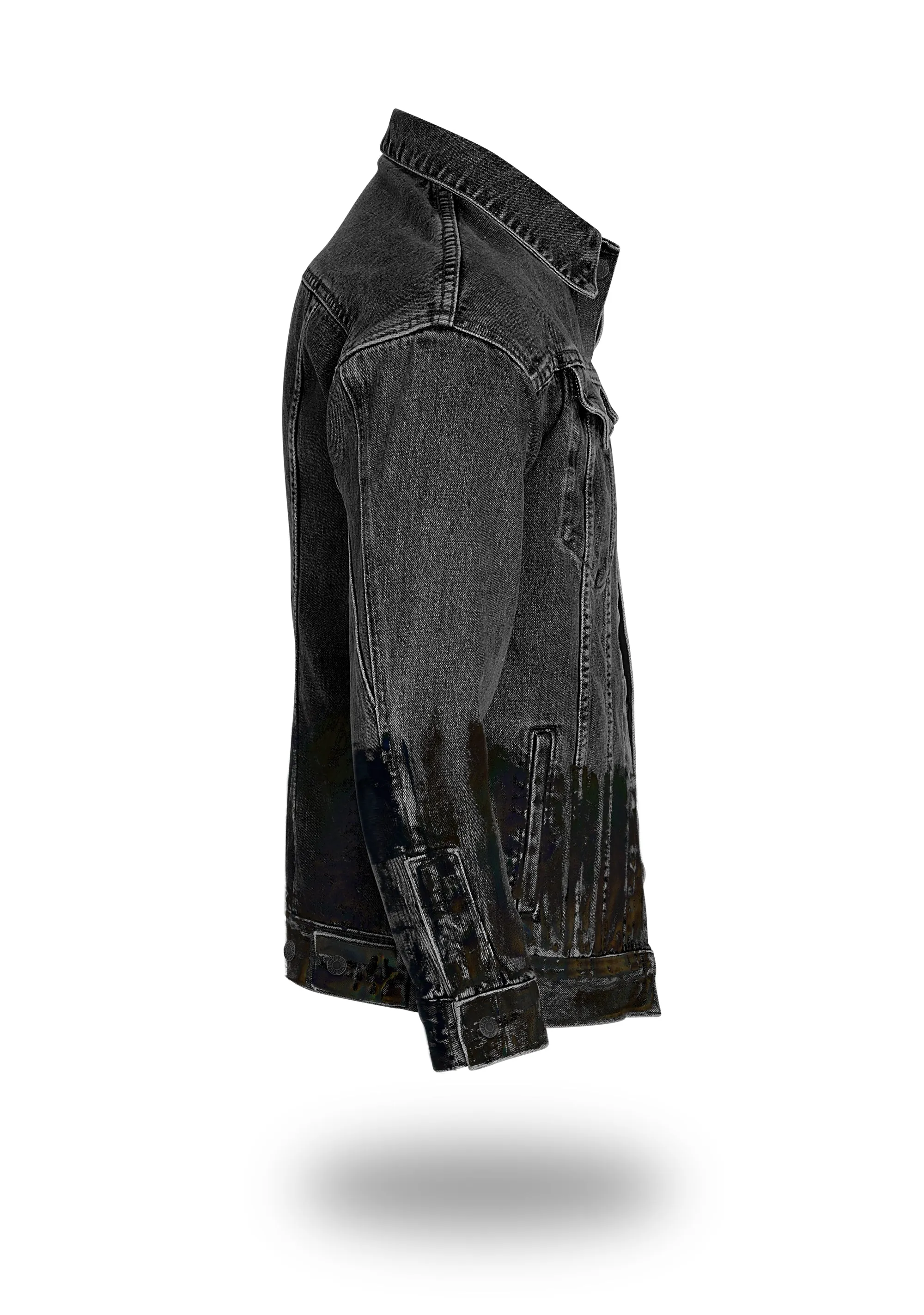 Longer Washed Black Denim Jacket with Midnight Oil Foil