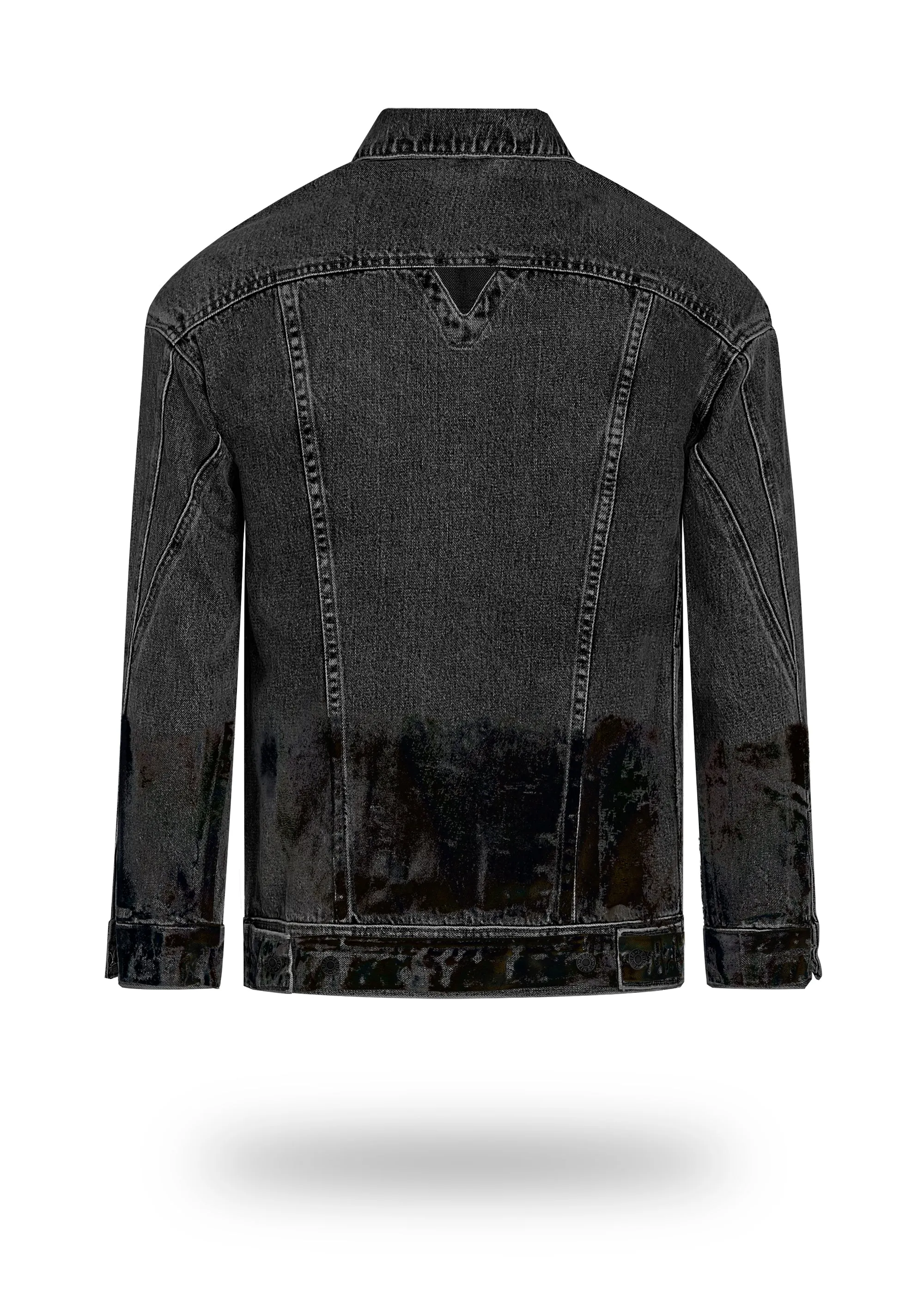 Longer Washed Black Denim Jacket with Midnight Oil Foil
