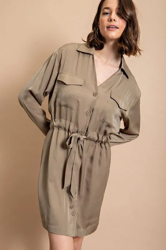Lt Olive Long Sleeve Shirt Dress with Waist Tie