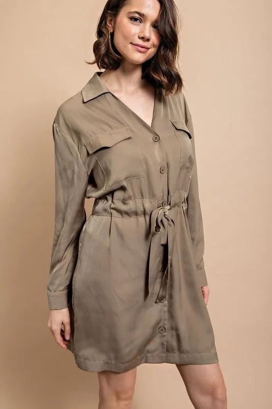 Lt Olive Long Sleeve Shirt Dress with Waist Tie
