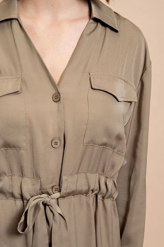 Lt Olive Long Sleeve Shirt Dress with Waist Tie