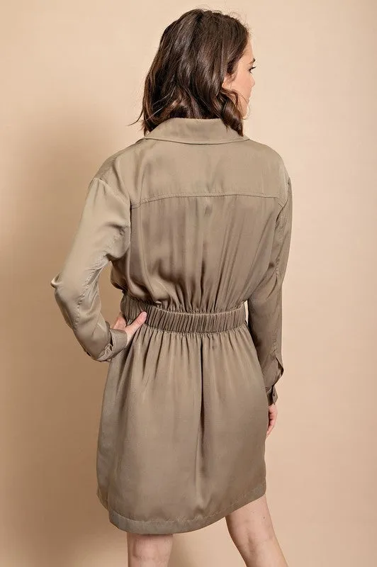 Lt Olive Long Sleeve Shirt Dress with Waist Tie