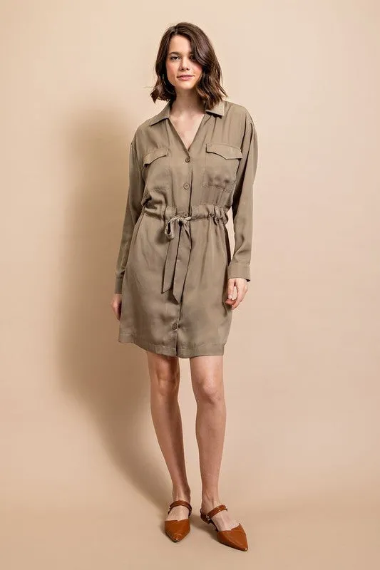 Lt Olive Long Sleeve Shirt Dress with Waist Tie