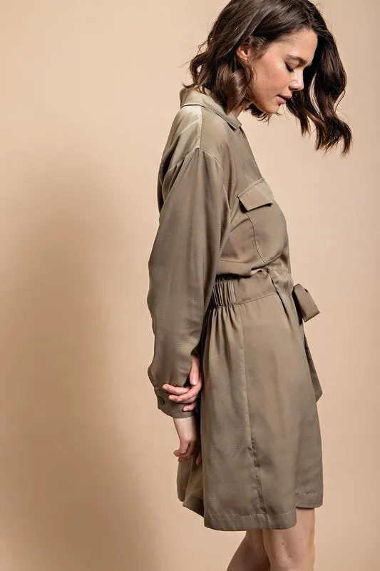 Lt Olive Long Sleeve Shirt Dress with Waist Tie