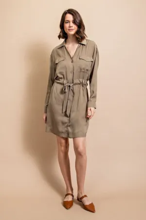 Lt Olive Long Sleeve Shirt Dress with Waist Tie