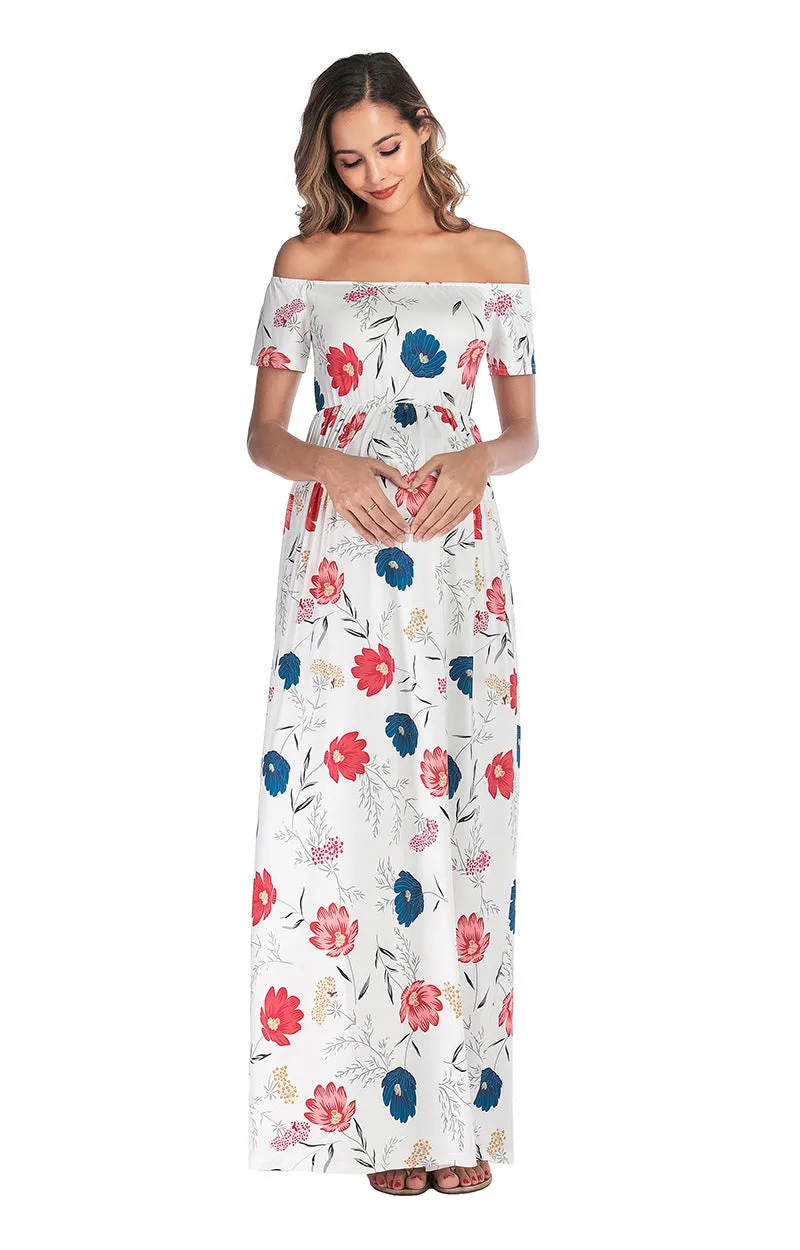 Maternity Off Shoulder Floral Print Chiffon Dress