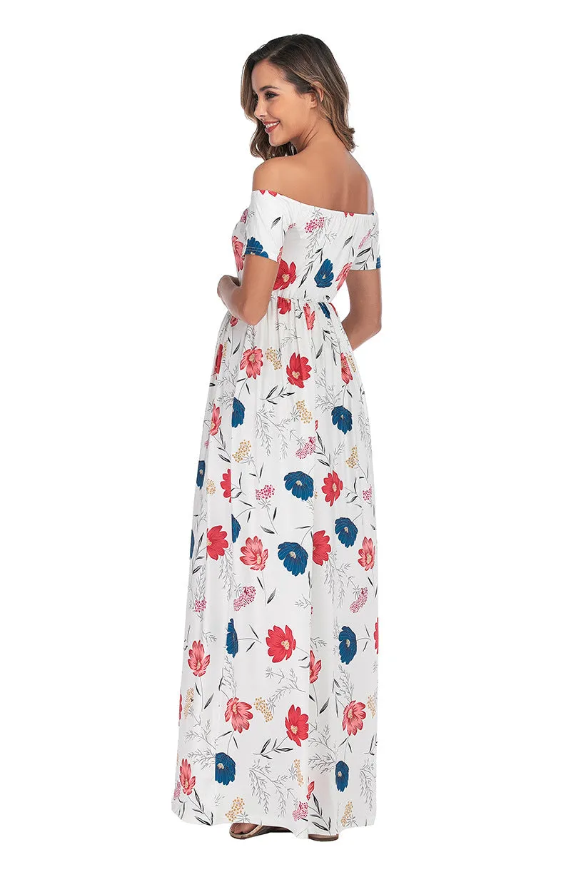 Maternity Off Shoulder Floral Print Chiffon Dress