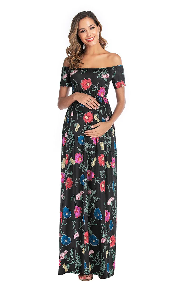 Maternity Off Shoulder Floral Print Chiffon Dress