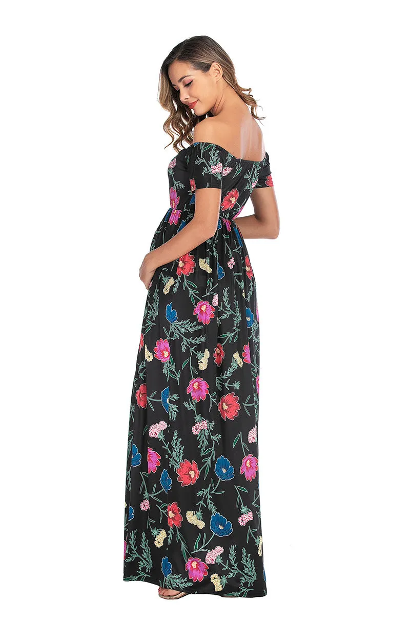 Maternity Off Shoulder Floral Print Chiffon Dress