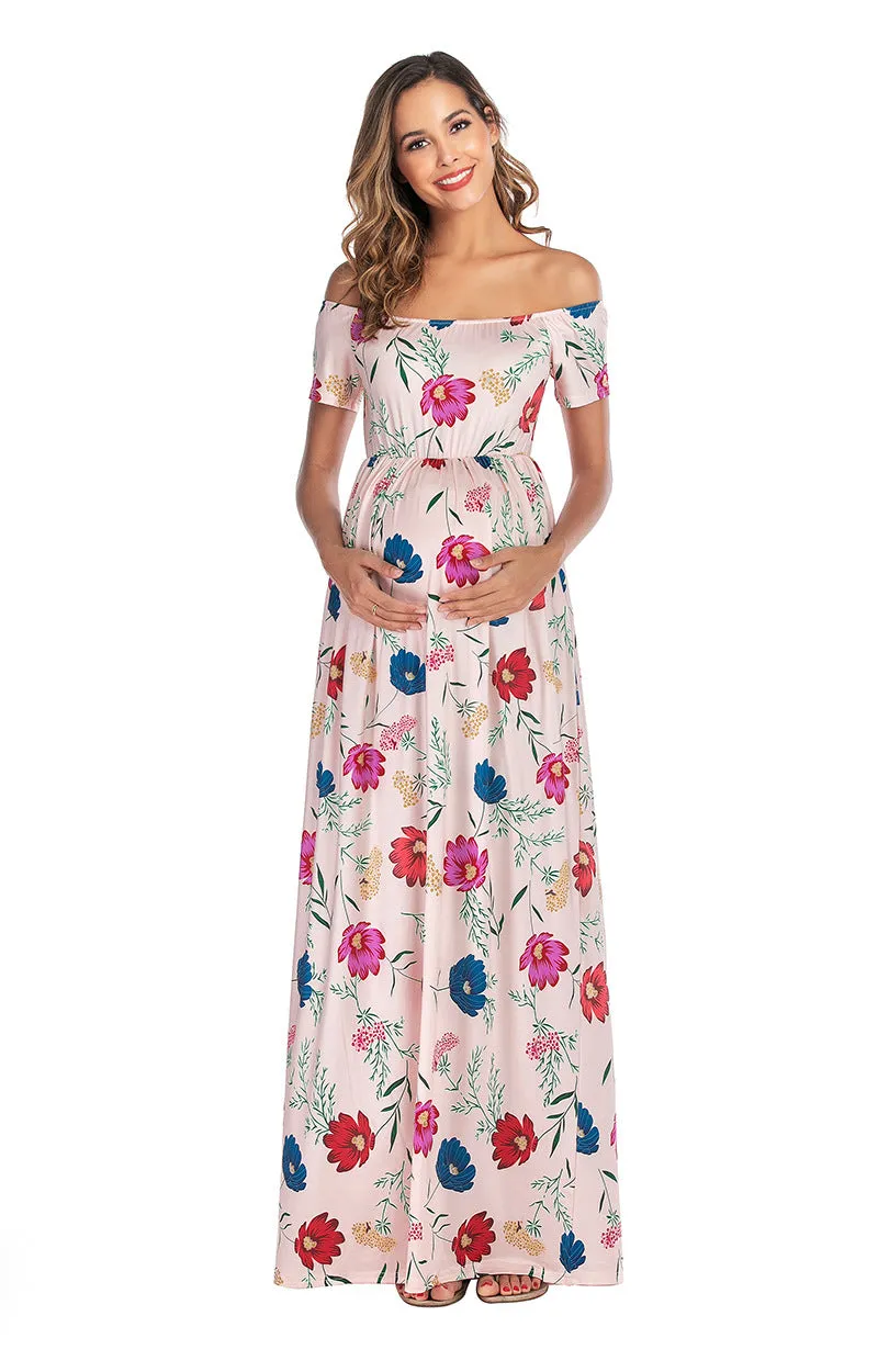 Maternity Off Shoulder Floral Print Chiffon Dress