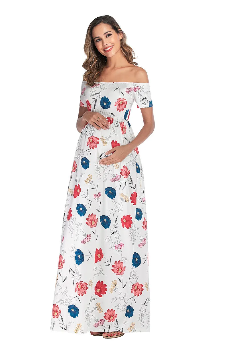 Maternity Off Shoulder Floral Print Chiffon Dress