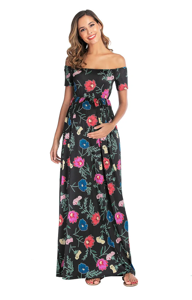 Maternity Off Shoulder Floral Print Chiffon Dress
