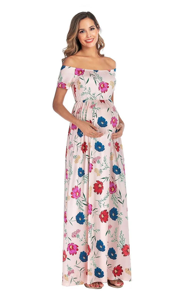 Maternity Off Shoulder Floral Print Chiffon Dress