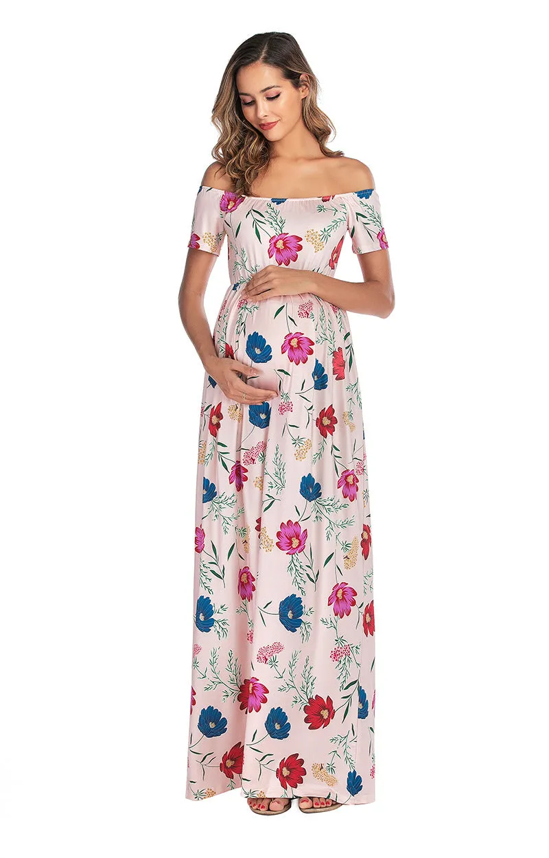Maternity Off Shoulder Floral Print Chiffon Dress