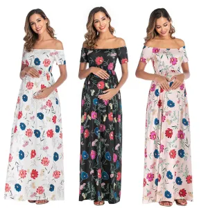 Maternity Off Shoulder Floral Print Chiffon Dress