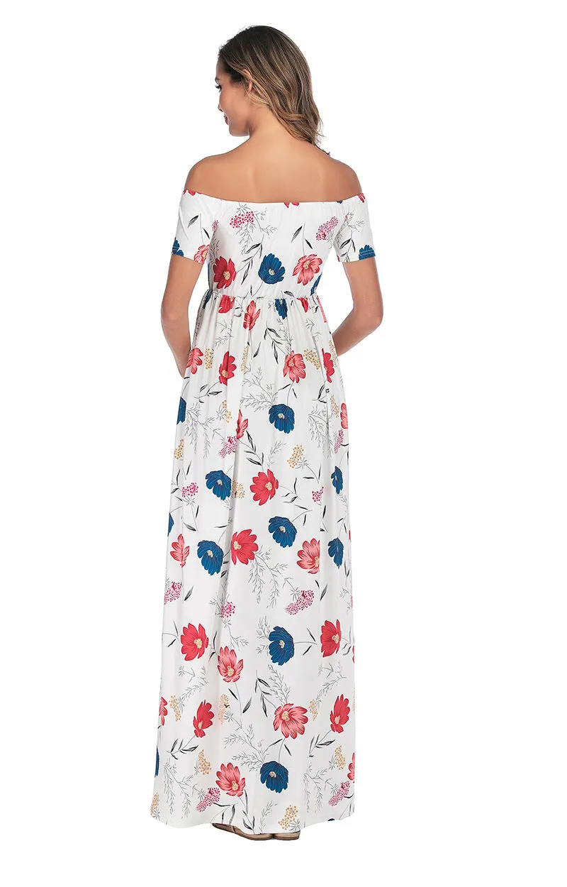 Maternity Off Shoulder Floral Print Chiffon Dress