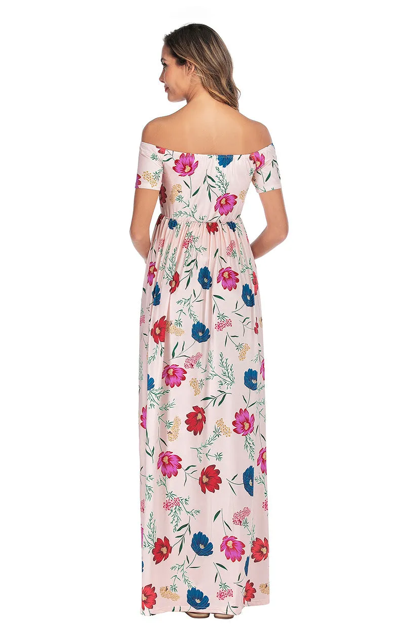 Maternity Off Shoulder Floral Print Chiffon Dress