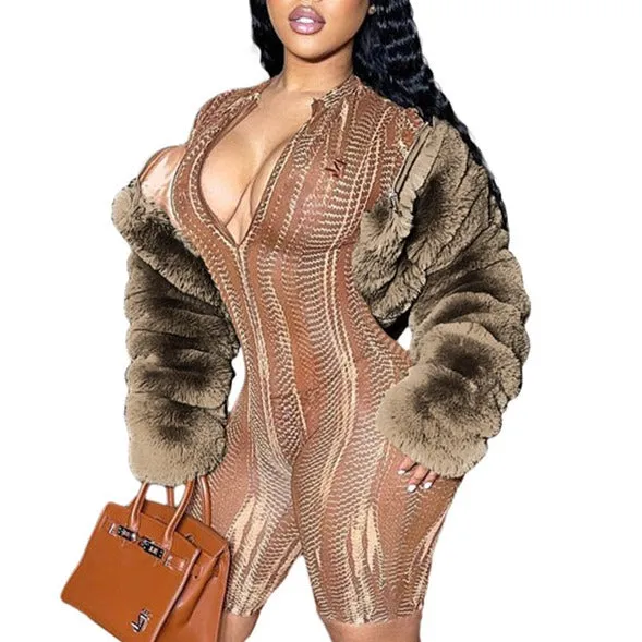 MB FASHION Cropped Faux Fox Fur Puffer Coat with Fluffy Collar 2020R