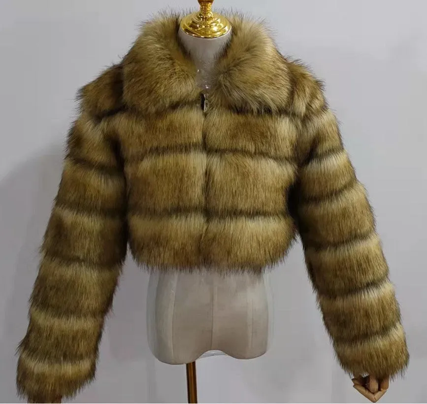 MB FASHION Cropped Faux Fox Fur Puffer Coat with Fluffy Collar 2020R