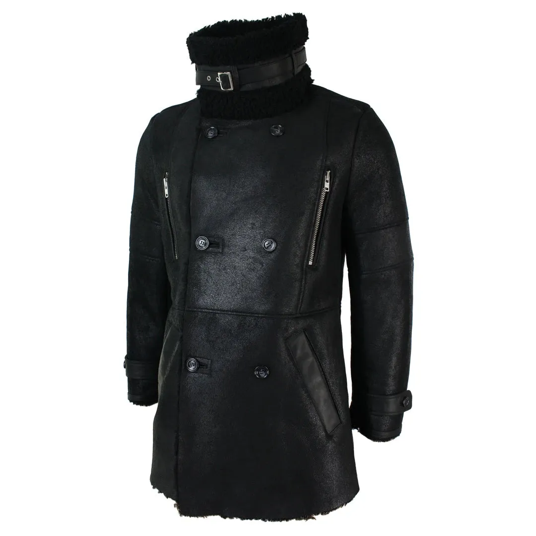 Men's Black 3/4 Military Sherling Sheepskin Batman Bane Double Breasted