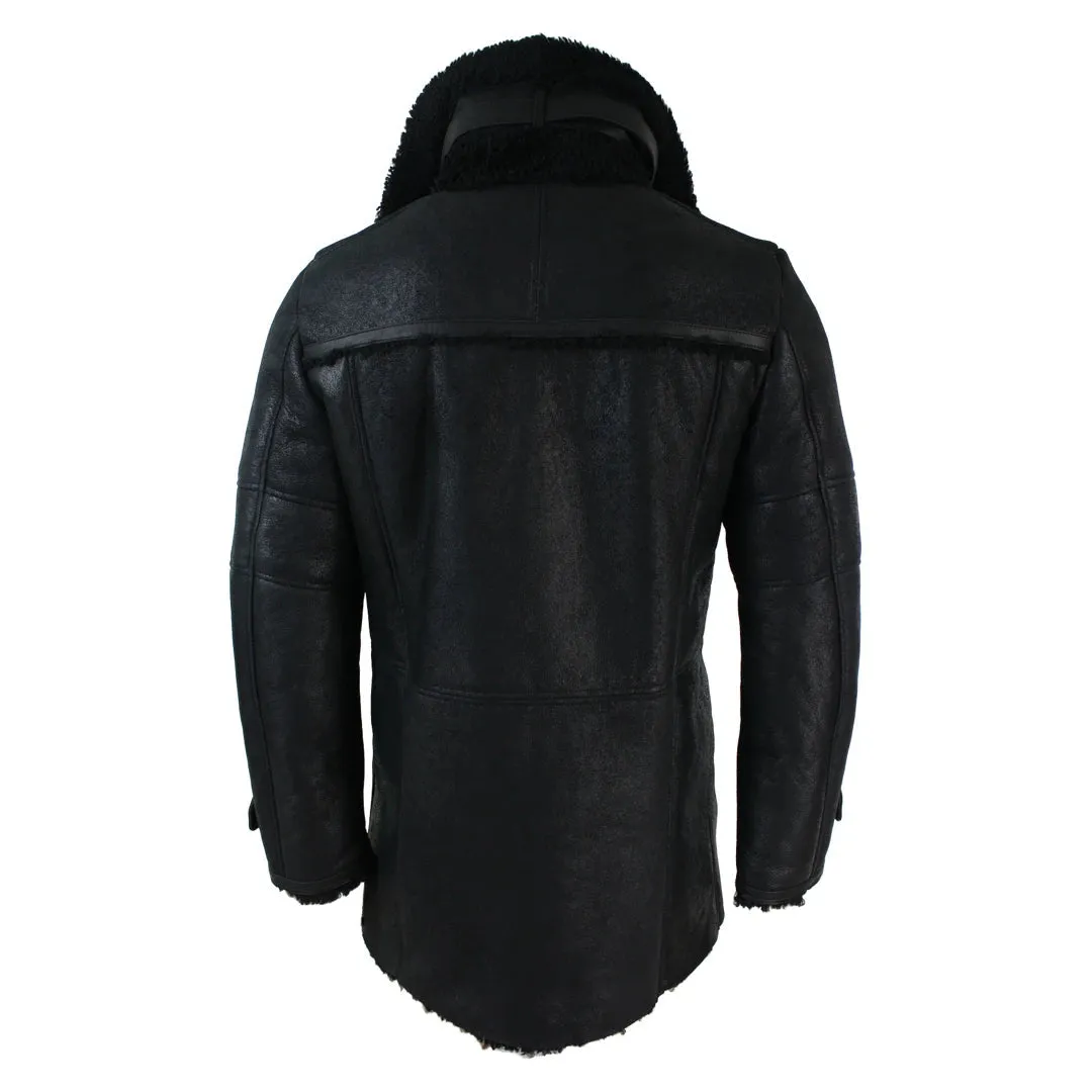 Men's Black 3/4 Military Sherling Sheepskin Batman Bane Double Breasted