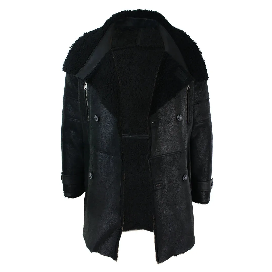 Men's Black 3/4 Military Sherling Sheepskin Batman Bane Double Breasted
