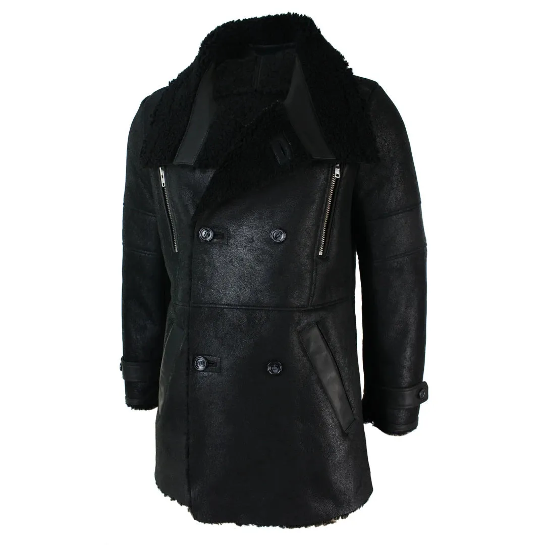 Men's Black 3/4 Military Sherling Sheepskin Batman Bane Double Breasted